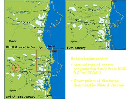 Before human control  Natural rate of coastal progradation 4 m/y from 1000 B.C. to 1200A.D.  Seven points of discharge described by Plinio il Vecchio.