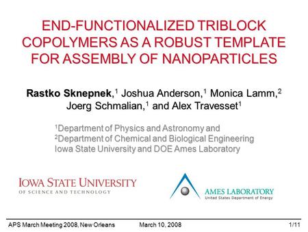 END-FUNCTIONALIZED TRIBLOCK COPOLYMERS AS A ROBUST TEMPLATE FOR ASSEMBLY OF NANOPARTICLES Rastko Sknepnek, 1 Joshua Anderson, 1 Monica Lamm, 2 Joerg Schmalian,