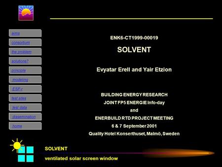 SOLVENT ventilated solar screen window consortium the problem solutions? principle modeling aims test data ESP-r test sites dissemination home ENK6-CT1999-00019.