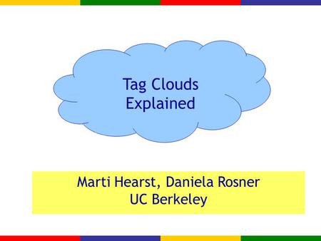 What’s up with Tag Clouds? Marti Hearst, Daniela Rosner UC Berkeley Tag Clouds Explained.