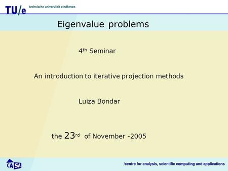 An introduction to iterative projection methods Eigenvalue problems Luiza Bondar the 23 rd of November -2005 4 th Seminar.