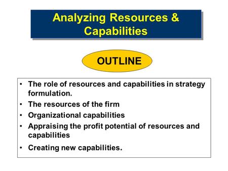 Analyzing Resources & Capabilities The role of resources and capabilities in strategy formulation. The resources of the firm Organizational capabilities.