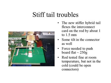 Stiff tail troubles The new stiffer hybrid tail flexes the interconnect card on the rod by about 1 to 1.5 mm Some tilt in the connector as well Force needed.