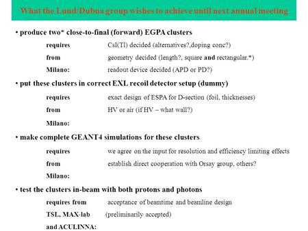 What the Lund/Dubna group wishes to achieve until next annual meeting produce two* close-to-final (forward) EGPA clusters requiresCsI(Tl) decided (alternatives?,doping.