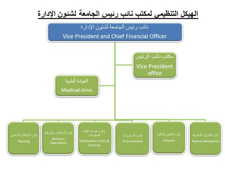 الهيكل التنظيمي لمكتب نائب رئيس الجامعة لشئون الإدارة نائب رئيس الجامعة لشئون الإدارة Vice President and Chief Financial Officer إدارة الإسكان الجامعي.