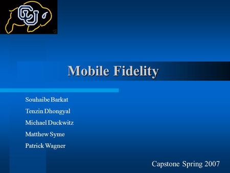 Mobile Fidelity Souhaibe Barkat Tenzin Dhongyal Michael Duckwitz Matthew Syme Patrick Wagner Capstone Spring 2007.