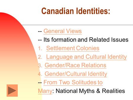 Canadian Identities: -- General ViewsGeneral Views -- Its formation and Related Issues 1. Settlement ColoniesSettlement Colonies 2. Language and Cultural.