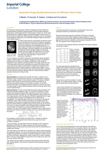 Automated Image Quality Assessment for Diffusion Tensor Data 2 J.Meakin, 1 S. Counsell, 1 E. Hughes, 1 J.V.Hajnal and 1 D.J.Larkman 1 Imaging Sciences.