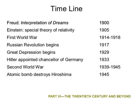 Time Line Freud: Interpretation of Dreams1900 Einstein: special theory of relativity1905 First World War1914-1918 Russian Revolution begins1917 Great Depression.