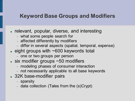 Keyword Base Groups and Modifiers relevant, popular, diverse, and interesting  what some people search for  affected differently by modifiers  differ.