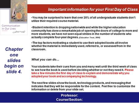 Ch1: The World of Communication Copyright © 2006 Wadsworth 1 Professor: Course/Section: You may be surprised to learn that over 20% of all undergraduate.