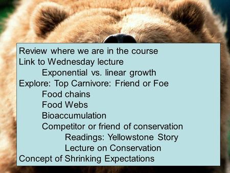 Top Carnivore - Friend or Foe Review where we are in the course Link to Wednesday lecture Exponential vs. linear growth Explore: Top Carnivore: Friend.