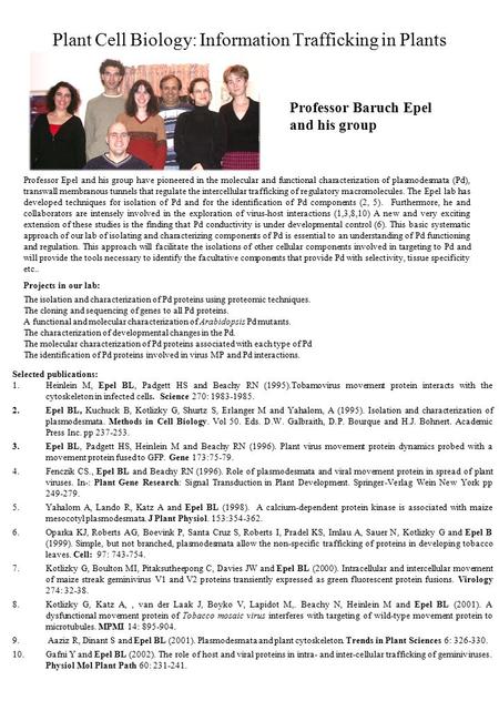 Plant Cell Biology: Information Trafficking in Plants Professor Epel and his group have pioneered in the molecular and functional characterization of plasmodesmata.