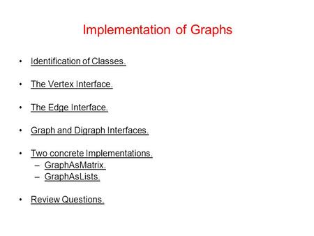 Implementation of Graphs Identification of Classes. The Vertex Interface. The Edge Interface. Graph and Digraph Interfaces. Two concrete Implementations.