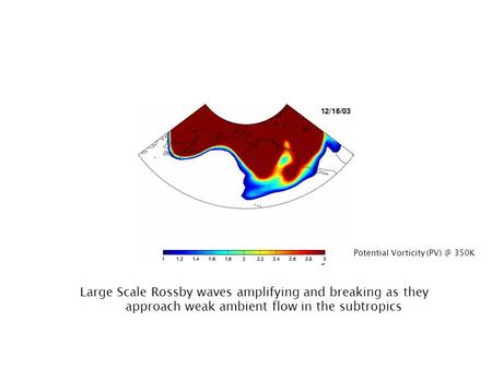 Large Scale Rossby waves amplifying and breaking as they approach weak ambient flow in the subtropics Potential Vorticity 350K.