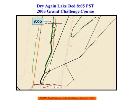 DAPRPA Grand Challenge, Unfinished Business, October 31, 2005 Dry Again Lake Bed 8:05 PST 2005 Grand Challenge Course 8:05.