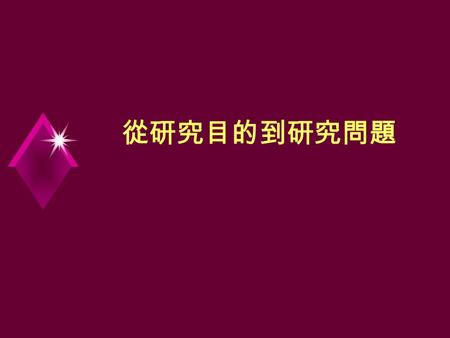 從研究目的到研究問題. 研究目的的思考  研究目的的作用 1. 引導研究歷程的一切決策 2. 提供衡量研究品質的依據  研究目的的內涵 -- 包括研究動機, 意向, 目標 … 等.