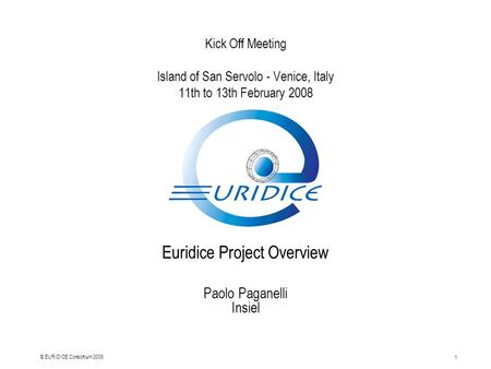 1 © EURIDICE Consortium 2008 Kick Off Meeting Island of San Servolo - Venice, Italy 11th to 13th February 2008 Euridice Project Overview Paolo Paganelli.