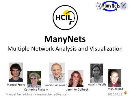 2010.05.28 Slide 1 ManyNets Multiple Network Analysis and Visualization Catherine Plaisant Ben Shneiderman Jennifer Golbeck Manuel Freire-Moran –