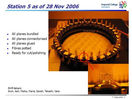 T. Matsushita 1 Station 5 as of 28 Nov 2006 All planes bundled All planes connectorised All planes glued Fibres potted Ready for cut/polishing Shift takers;