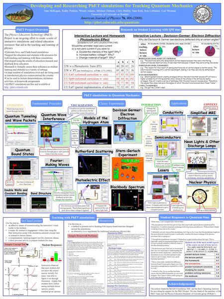 Developing and Researching PhET simulations for Teaching Quantum Mechanics Sam McKagan, Kathy Perkins, Wendy Adams, Michael Dubson, Chris Malley, Sam Reid,