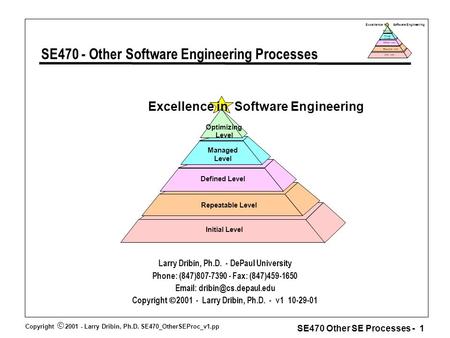 Copyright  2001 - Larry Dribin, Ph.D. SE470_OtherSEProc_v1.pp SE470 Other SE Processes - 1 Excellence in Software Engineering Repeatable Level Defined.