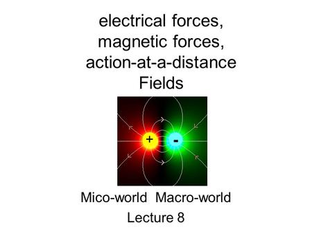 Electrical forces, magnetic forces, action-at-a-distance Fields Mico-world Macro-world Lecture 8 + -