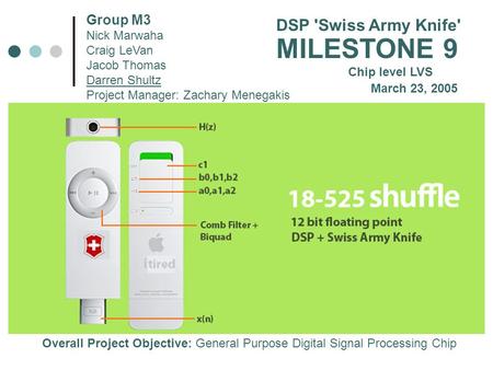 Group M3 Nick Marwaha Craig LeVan Jacob Thomas Darren Shultz Project Manager: Zachary Menegakis March 23, 2005 MILESTONE 9 Chip level LVS DSP 'Swiss Army.