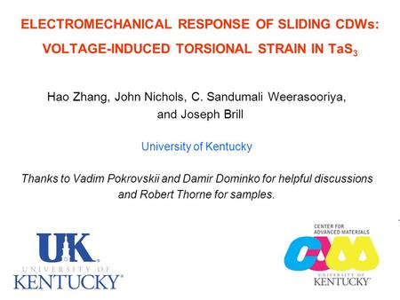 ELECTROMECHANICAL RESPONSE OF SLIDING CDWs: VOLTAGE-INDUCED TORSIONAL STRAIN IN TaS 3 Hao Zhang, John Nichols, C. Sandumali Weerasooriya, and Joseph Brill.