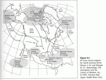 Summertime Air mass example mT air mass over NY Much cooler cP air mass over the northern midwest Normal cT air mass over desert.