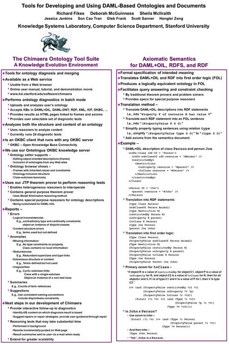 Tools for Developing and Using DAML-Based Ontologies and Documents Richard Fikes Deborah McGuinness Sheila McIlraith Jessica Jenkins Son Cao Tran Gleb.