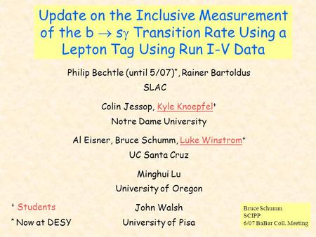 Update on the Inclusive Measurement of the b  s  Transition Rate Using a Lepton Tag Using Run I-V Data Philip Bechtle (until 5/07) *, Rainer Bartoldus.