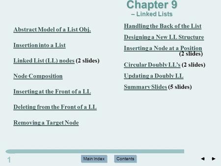 Main Index Contents 11 Main Index Contents Abstract Model of a List Obj. Abstract Model of a List Obj. Insertion into a List Insertion into a List Linked.