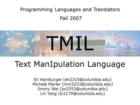 Programming Languages and Translators Fall 2007 Eli Hamburger Michele Merler Jimmy Wei