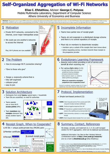 Self-Organized Aggregation of Wi-Fi Networks Elias C. Efstathiou, Advisor: George C. Polyzos Mobile Multimedia Laboratory, Department of Computer Science.