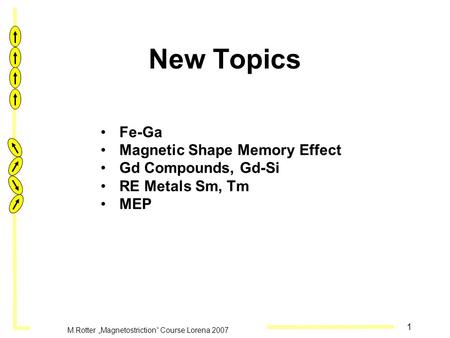 1 M.Rotter „Magnetostriction“ Course Lorena 2007 New Topics Fe-Ga Magnetic Shape Memory Effect Gd Compounds, Gd-Si RE Metals Sm, Tm MEP.