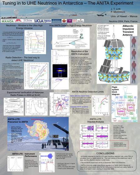 Tuning in to UHE Neutrinos in Antarctica – The ANITA Experiment J. T. Link P. Miočinović Univ. of Hawaii – Manoa Neutrino 2004, Paris, France ANITA-LITE.