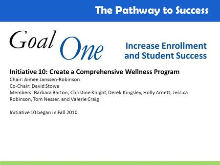 The Pathway to Success Goal One Increase Enrollment and Student Success Initiative 10: Create a Comprehensive Wellness Program Chair: Aimee Janssen-Robinson.