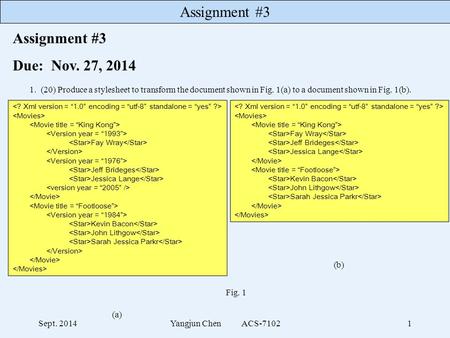 Assignment #3 Sept. 2014Yangjun Chen ACS-71021 Assignment #3 Due: Nov. 27, 2014 1.(20) Produce a stylesheet to transform the document shown in Fig. 1(a)