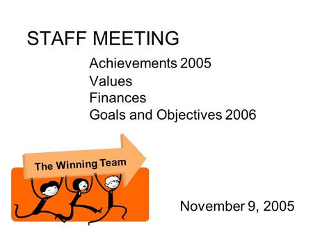 STAFF MEETING Achievements 2005 Values Finances Goals and Objectives 2006 November 9, 2005 The Winning Team.