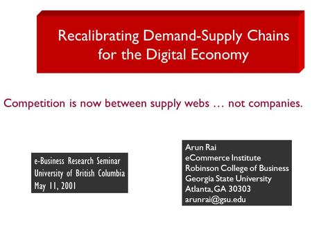 Recalibrating Demand-Supply Chains for the Digital Economy Arun Rai eCommerce Institute Robinson College of Business Georgia State University Atlanta,