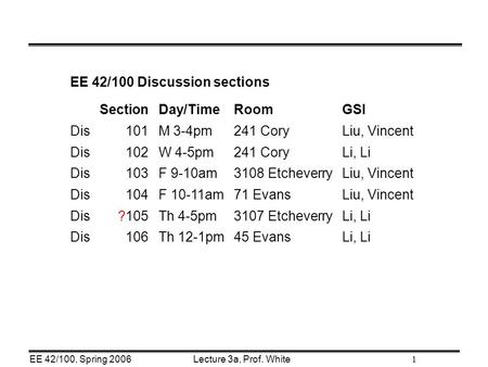 Lecture 3a, Prof. WhiteEE 42/100, Spring 2006 1 EE 42/100 Discussion sections SectionDay/TimeRoomGSI Dis101M 3-4pm241 CoryLiu, Vincent Dis102W 4-5pm241.