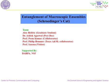 Center for Photonic Communication and ComputingMcCormick School of Engineering and Applied Science Entanglement of Macroscopic Ensembles (Schroedinger’s.