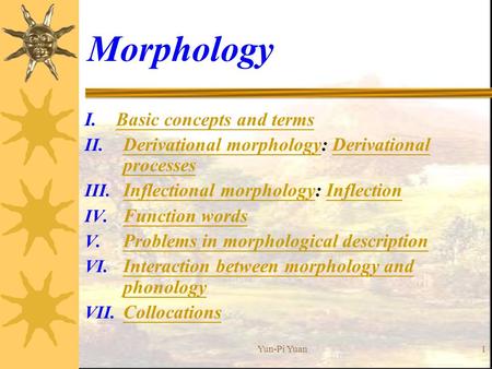 Yun-Pi Yuan1 Morphology I. Basic concepts and termsBasic concepts and terms II. Derivational morphology: Derivational processes Derivational morphologyDerivational.