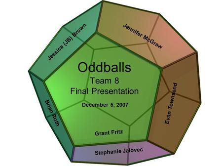 Oddballs Team 8 Final Presentation Jennifer McGraw Evan Townsend Jessica (JB) Brown Brian Roth Stephanie Jalovec Grant Fritz December 5, 2007.