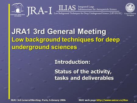 JRA1 3rd General Meeting. Paris, February 2006 JRA1 web page  1 Introduction: Status of the activity, tasks and deliverables.