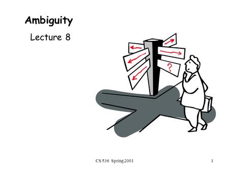 CS 536 Spring 20011 Ambiguity Lecture 8. CS 536 Spring 20012 Announcement Reading Assignment –“Context-Free Grammars” (Sections 4.1, 4.2) Programming.