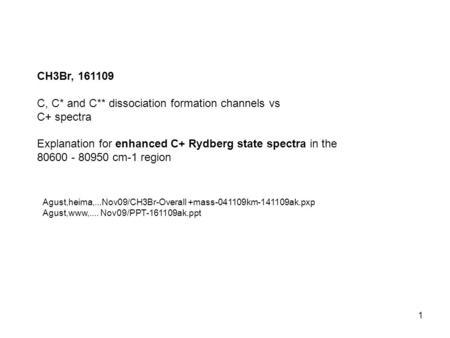 1 CH3Br, 161109 C, C* and C** dissociation formation channels vs C+ spectra Explanation for enhanced C+ Rydberg state spectra in the 80600 - 80950 cm-1.