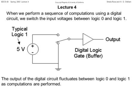 Sheila Ross and W. G. OldhamEECS 40 Spring 2003 Lecture 4 Copyright Regents of University of California Lecture 4 When we perform a sequence of computations.