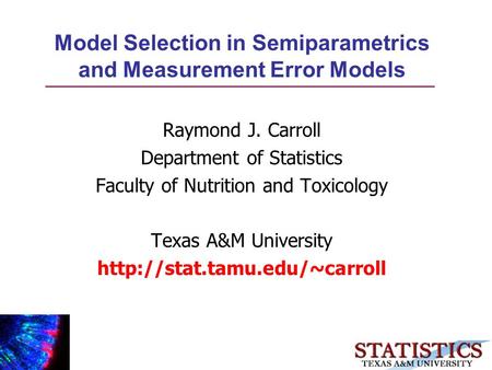 Model Selection in Semiparametrics and Measurement Error Models Raymond J. Carroll Department of Statistics Faculty of Nutrition and Toxicology Texas A&M.